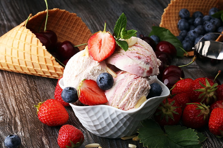Speisen, Eis, Beere, Heidelbeere, Kirsche, Obst, Stillleben, Erdbeere, Waffel, HD-Hintergrundbild