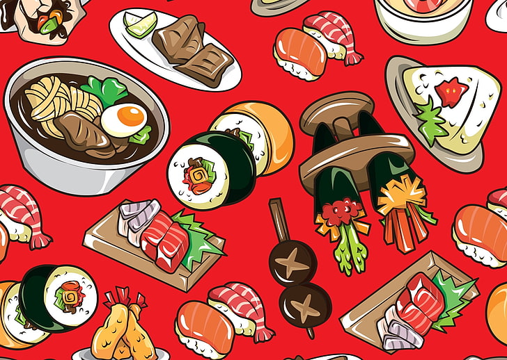 Ilustracja kuchnia japońska, tekstura, bułki, sushi, kuchnia japońska, Tapety HD