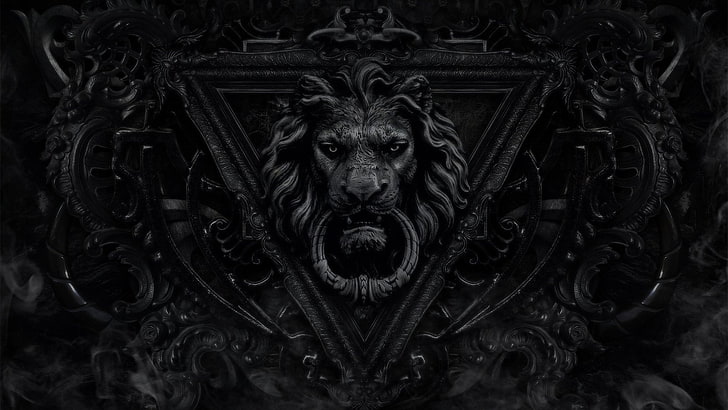 Löwentürknöchel, digitale Kunst, dunkel, Metall, Tür, Gesicht, Löwe, Dreieck, Dekorationen, einfarbig, gotisch, HD-Hintergrundbild