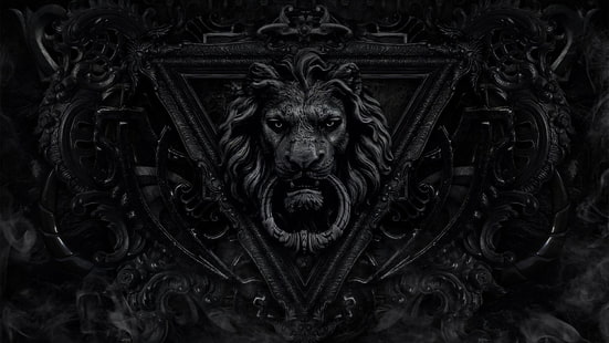 leone porta nocche, arte digitale, buio, metallo, porta, faccia, leone, triangolo, decorazioni, monocromatico, gotico, Sfondo HD HD wallpaper