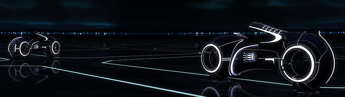 วอลล์เปเปอร์ดิจิตอลรถจักรยานยนต์หุ่นยนต์ขาวดำ Tron: Legacy, Light Cycle, ภาพยนตร์, จอแสดงผลหลายจอ, จอภาพคู่, วอลล์เปเปอร์ HD HD wallpaper