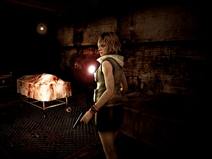 personagem feminina personagem 3D, trevas, arma, a escuridão, lanterna, arte dos fãs, Heather Mason, Konami, horror de sobrevivência, colina silenciosa 3, HD papel de parede HD wallpaper