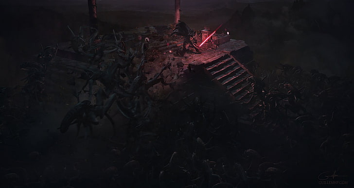 Mann, der digitale Tapete des roten Lichtschwerts, Star Wars, Sith, Grafik, Lichtschwert, Ausländer, digitale Kunst, Xenomorph hält, HD-Hintergrundbild