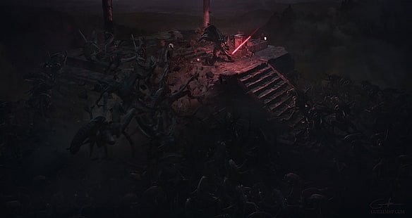 رجل يحمل خلفية رقمية السيف الضوئي الأحمر ، حرب النجوم ، Sith ، عمل فني ، السيف الضوئي ، كائنات فضائية ، فن رقمي ، Xenomorph، خلفية HD HD wallpaper