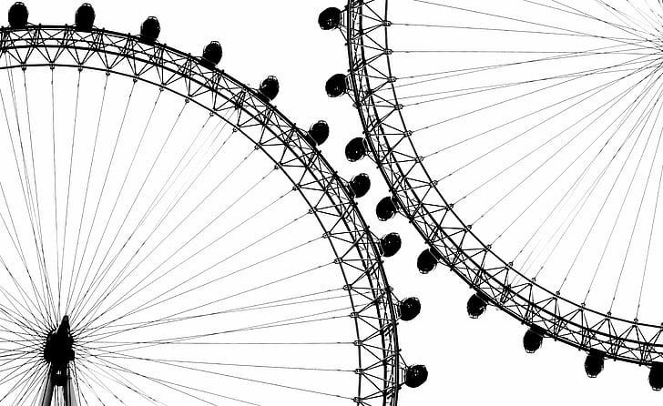 silhouette of two ferri's wheels, london, london eye, london, london eye, Big Wheel, London Eye, Camera, Explore, 17th, May 2015, silhouette, ferri, wheels, white, black, blackandwhite, minimalist, minimalism, lines, abstract, architecture, b/w, city, contrast, highkey, iconic, monochrome, rings, urban, pattern, wheel, ferris Wheel, HD wallpaper