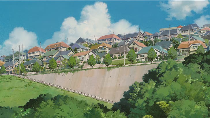animasi, anime, Studio Ghibli, ilustrasi, Spirited Away, kota, rumah, awan, 4K, pohon, Wallpaper HD