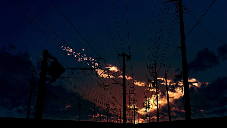 electricity post and cables, fantasy art, clouds, street, HD wallpaper