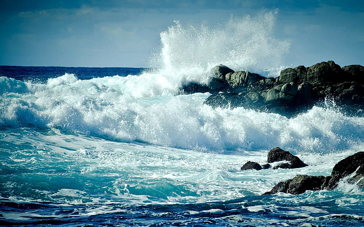 Sea, Ocean, Splashes, Rocks, Dark blue, Excitement, HD wallpaper