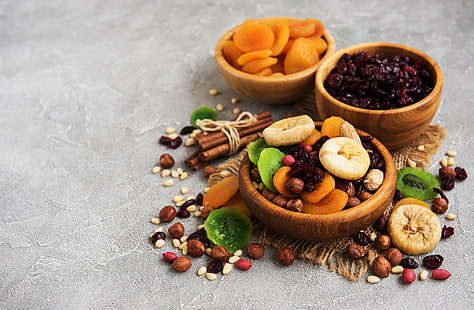 meja, mangkuk, kacang-kacangan, rempah-rempah, buah-buahan kering, Wallpaper HD HD wallpaper