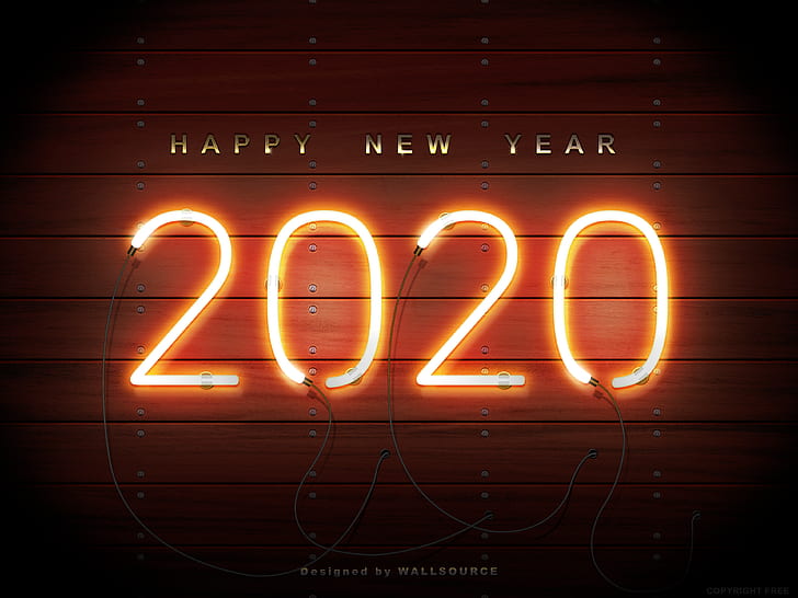 2020, Честита Нова година, неон, дърво, HD тапет