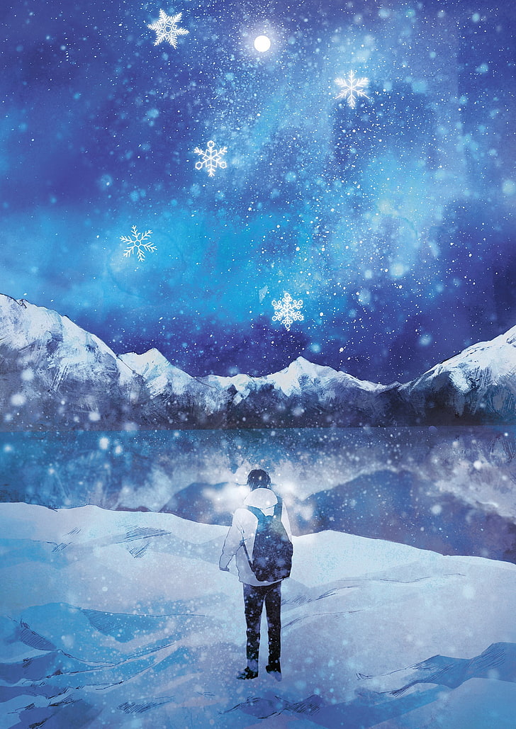 аниме, парень, озеро, мужчина, гора, оригинал, снег, зима, HD обои, телефон обои