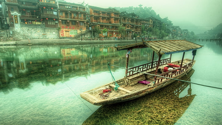 brown wooden boat, HDR, river, boat, China, HD wallpaper