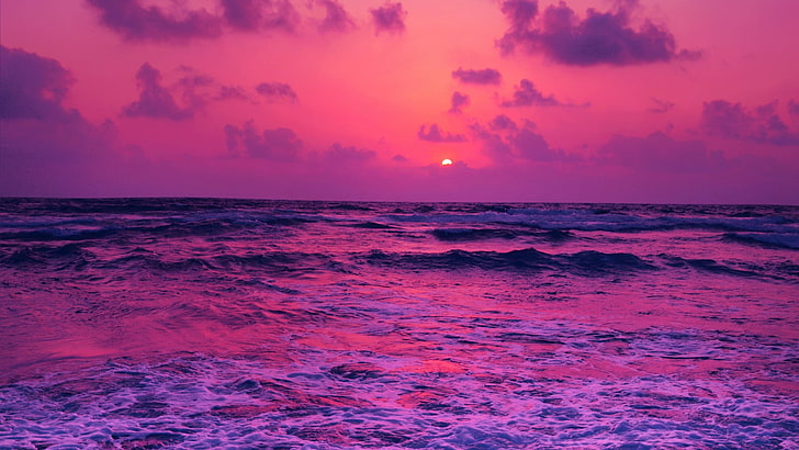 badan air jernih, merah muda, laut, air, matahari terbenam, horison, awan, ungu, ombak, matahari, langit, Wallpaper HD