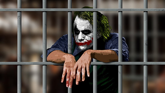 Heath Ledger 's The Joker Behind Bars 벡터 아트, 배트맨, 애니메이션, 영화, 조커, 감옥, MessenjahMatt, 다크 나이트, 아트웍, 녹색 머리, HD 배경 화면 HD wallpaper