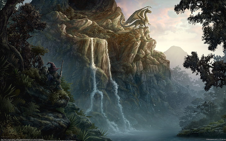 smok na szczycie wodospadów tapeta cyfrowa, góry, fantasy, smok, Kerem Couplets, Tapety HD