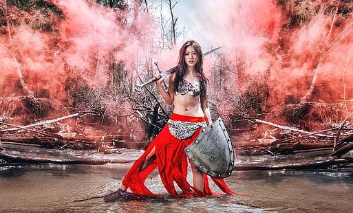 Asiático, guerrero, arte de fantasía, chica de fantasía, mujer, modelo, espada, escudo, Fondo de pantalla HD HD wallpaper