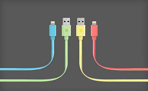 Płaski kabel o długości 3 stóp, ilustracja kabli USB w różnych kolorach, komputery, sprzęt, niebieski, żółty, zielony, różowy, iPhone, kolory, błyskawica, iPod, iPad, kabel, Tapety HD HD wallpaper