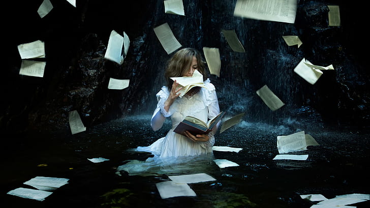 seni fantasi, buku, wanita, model, gaun putih, halaman, air, Wallpaper HD