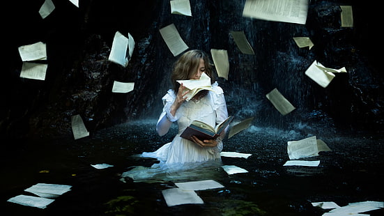 Fantasiekunst, Bücher, Frauen, Modell, weißes Kleid, Seiten, Wasser, HD-Hintergrundbild HD wallpaper