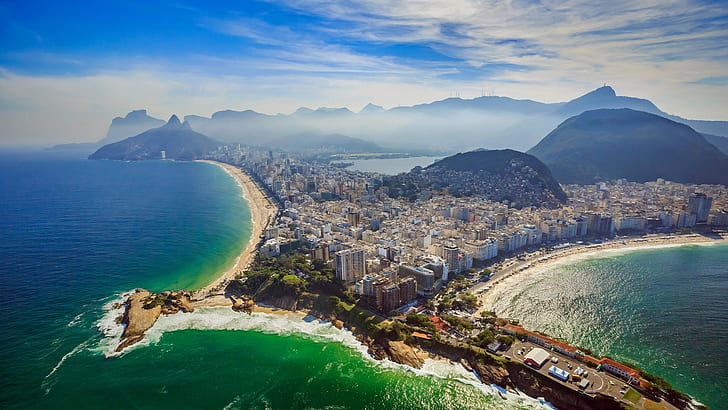 Бразилия, Рио де Жанейро, Копакабана, плаж, планини, небе, облаци, Атлантически океан, мъгла, пейзаж, градски пейзаж, HD тапет