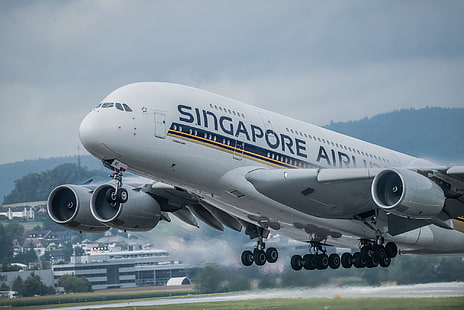 white Singapore Airlines airliner, the plane, jet, A380, passenger, widebody, double deck, four-engined, Singapore Airlines, HD wallpaper HD wallpaper