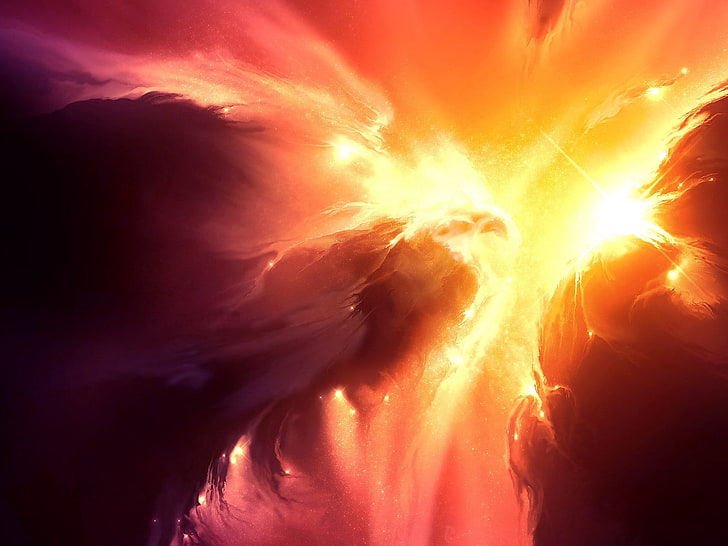 orange, red, and black galaxy, light, radiance, fire, explosion, HD wallpaper