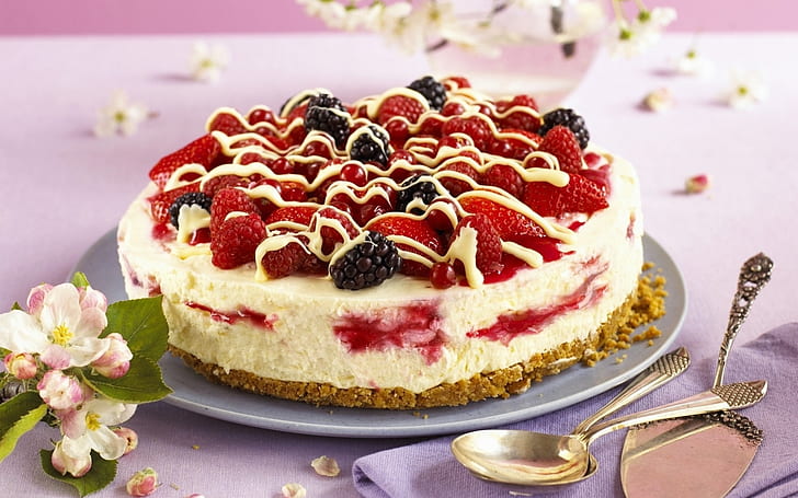 Dessert, strawberries, blackberries, cake, strayberry and raspberry cake, Dessert, Strawberries, Blackberries, Cake, HD wallpaper