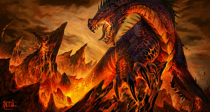 dragão, arte da fantasia, lava, HD papel de parede