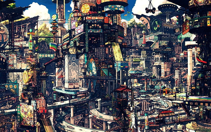 илюстрация на многоцветни сгради, илюстрация на град с различни цветове, дигитално изкуство, градски пейзаж, град, японски, Imperial Boy, HD тапет