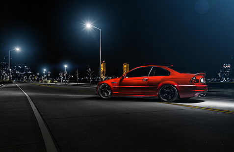 червено купе, bmw, m3, e46, кола, червено, страничен изглед, нощ, HD тапет HD wallpaper