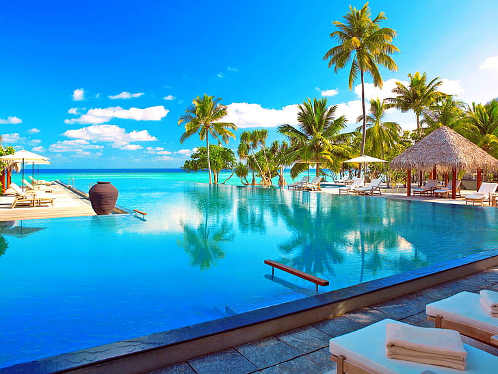 Maldives- resort. for Adi, blue in-ground swimming pool, heaven, resort, beaches, nature, blue, beautiful, paradise, pool, HD wallpaper