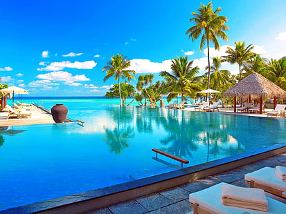 Maldives- resort. for Adi, blue in-ground swimming pool, heaven, resort, beaches, nature, blue, beautiful, paradise, pool, HD wallpaper HD wallpaper