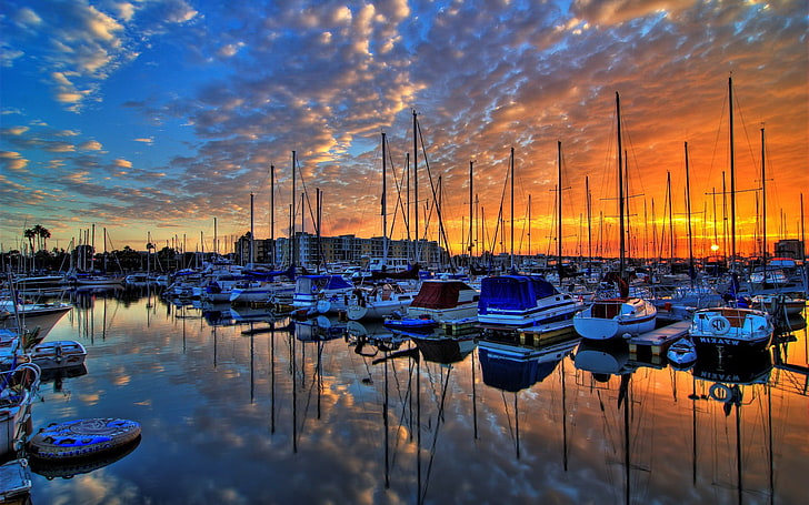 assorted-color fishing boat lot, reflection, clouds, sea, harbor, boat, sunset, HDR, sky, vehicle, water, sunlight, HD wallpaper