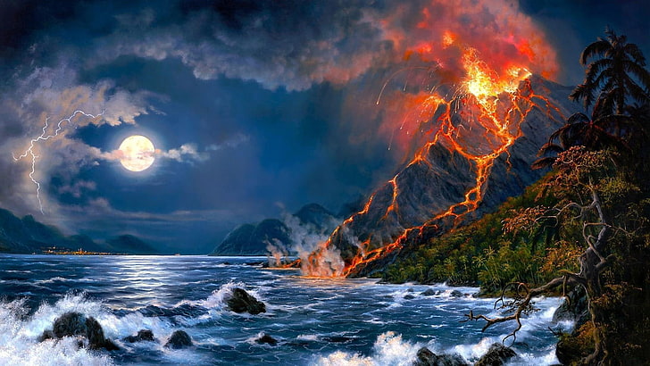 fantasy art, night, coast, full moon, moon, hot, magma, smoke, rock, eruption, nature, lightning, wave, lava, volcano, water, phenomenon, sea, geological phenomenon, sky, HD wallpaper