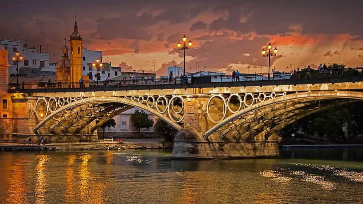 Cielo, ciudad, río, puente, España, Sevilla, Fondo de pantalla HD