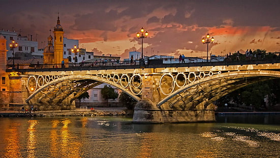 gökyüzü, şehir, nehir, köprü, İspanya, Sevilla, HD masaüstü duvar kağıdı HD wallpaper