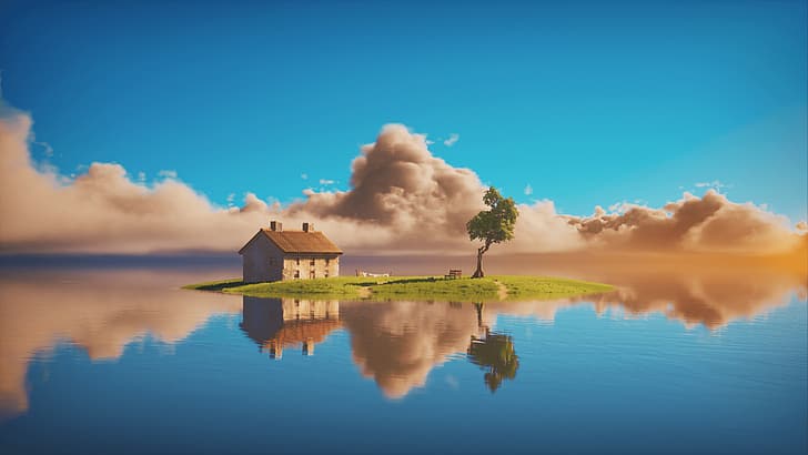 Louis Coyle, digital art, artwork, illustration, landscape, nature, Spirited Away, house, island, reflection, clouds, trees, HD wallpaper