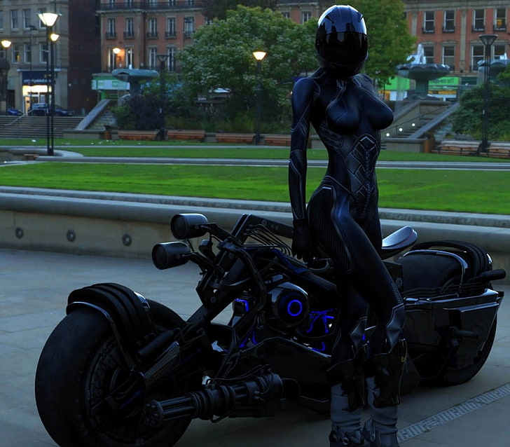 черный спортивный мотоцикл, женщины, автомобиль, обтягивающая одежда, боди, женщины с велосипедами, HD обои