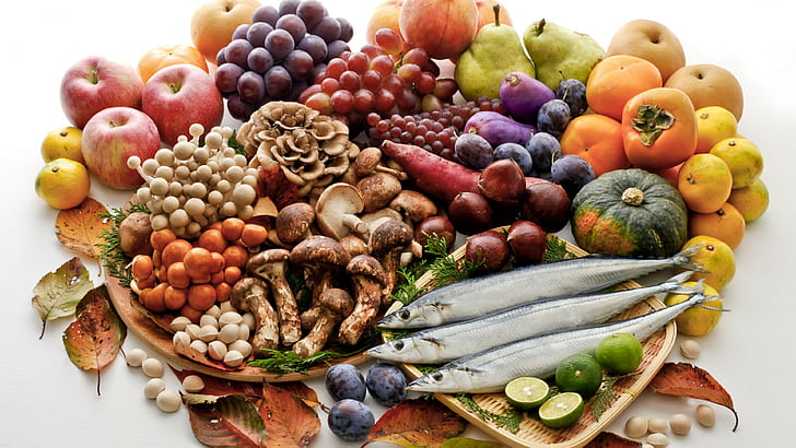 Зеленчуци, гъби, плодове, ябълка, грозде, слива, портокал, лайм, круша, праскова, шам фъстък, херинга, 4k снимки, ултра HD, HD тапет