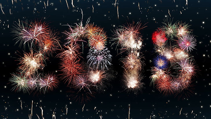 2018, tahun baru, kembang api, acara, langit, sparkler, malam, kegelapan, tengah malam, Wallpaper HD