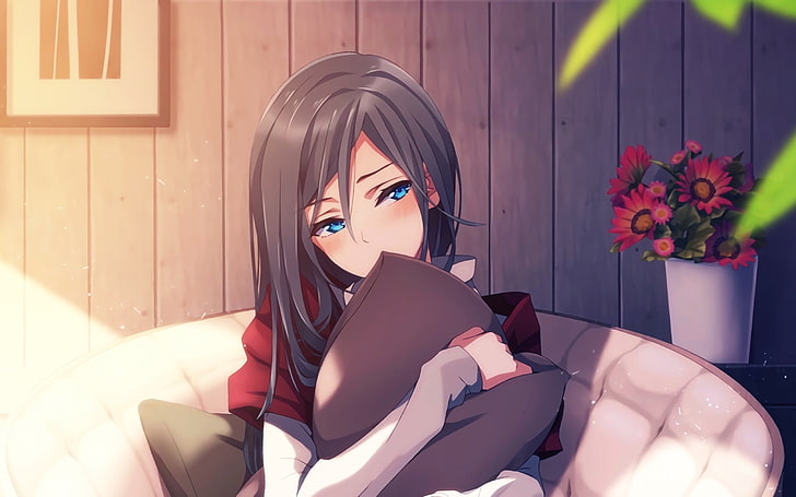 черноволосая женщина, держащая подушку аниме, иллюстрация персонажа, манга, Flyable Heart, Shirasagi Mayuri, аниме, аниме девушки, голубые глаза, цветы, длинные волосы, брюнетка, HD обои