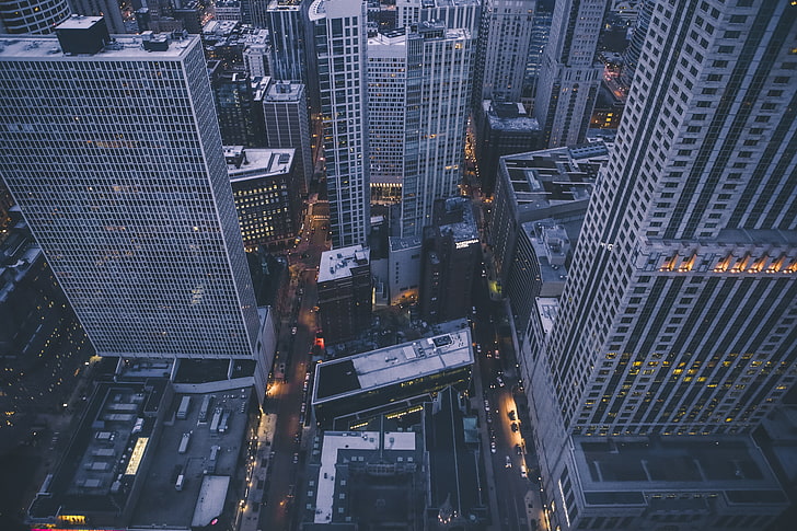 gray high-rise buildings, skyscrapers, buildings, top view, HD wallpaper