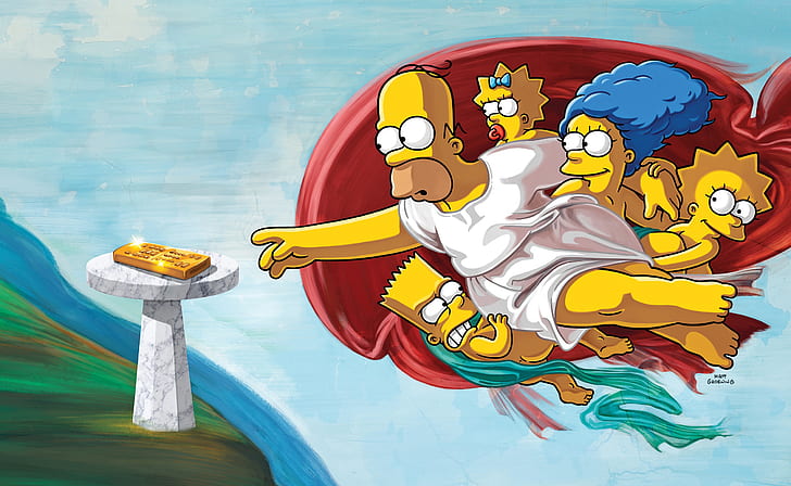 The Simpsons, humor, cartoon, artwork, TV Remote, Homer Simpson, Marge Simpson, Bart Simpson, Lisa Simpson, Maggie Simpson, The Creation of Adam, HD wallpaper