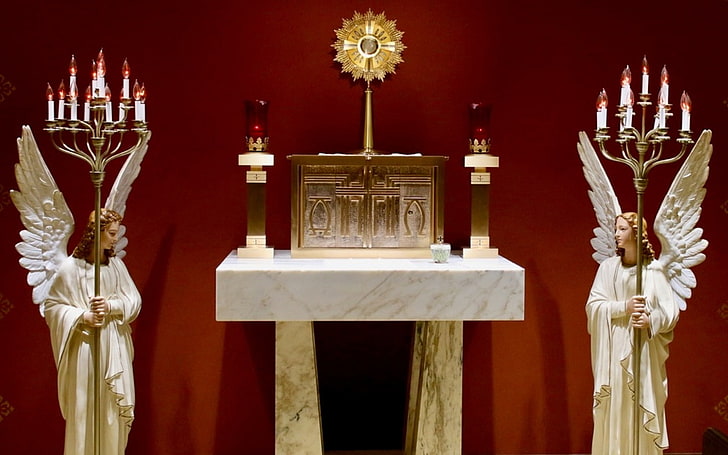 Il Santissimo Sacramento, altare, Sacramento, angeli, candele, Gesù, Sfondo HD
