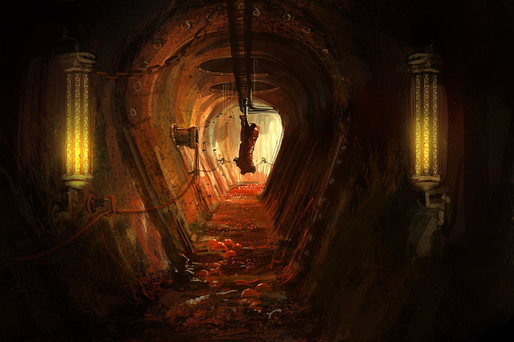 тематика на ужасите подземен тунел дигитално изкуство, дигитално изкуство, произведения на изкуството, ужас, страховито, месо, прасета, светлини, кръв, Амнезия: машина за прасета, видео игри, вериги, HD тапет