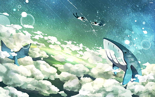 два человека, летящих рядом с китами на небе иллюстрации, фэнтези-арт, небо, кит, полет, HD обои HD wallpaper