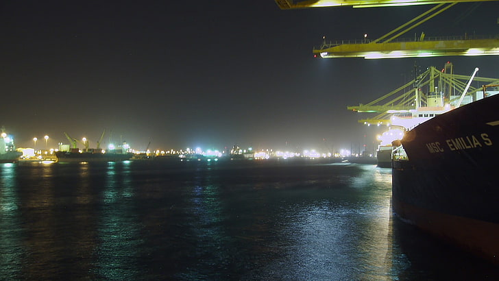 body of water, ship, lights, night, ports, Dubai, harbor, HD wallpaper