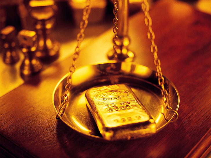 gold-colored frame, gold, bullion, scales, HD wallpaper