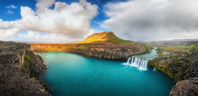 водоем, водопад, лято, Исландия, река, облаци, скала, панорами, вода, хълмове, природа, пейзаж, HD тапет HD wallpaper