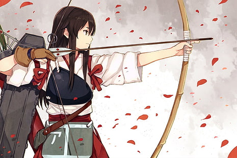 personnage d'anime féminin portant un arc avec illustration de flèche, anime, Collection Kantai, Akagi (KanColle), Fond d'écran HD HD wallpaper